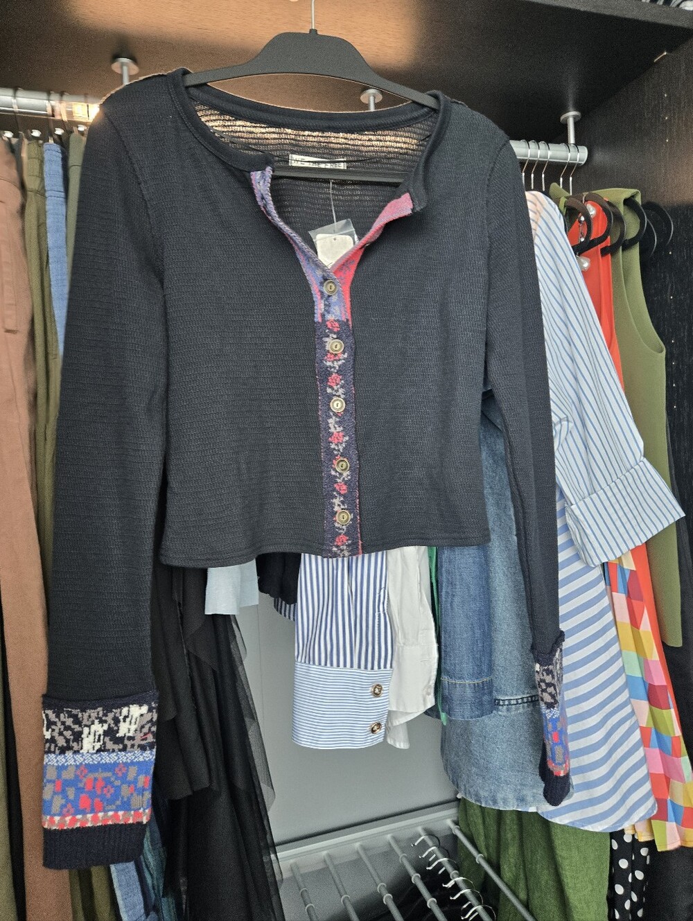 We The Free Black Waffle-Knit Cropped Cardigan with Multicolor Trim